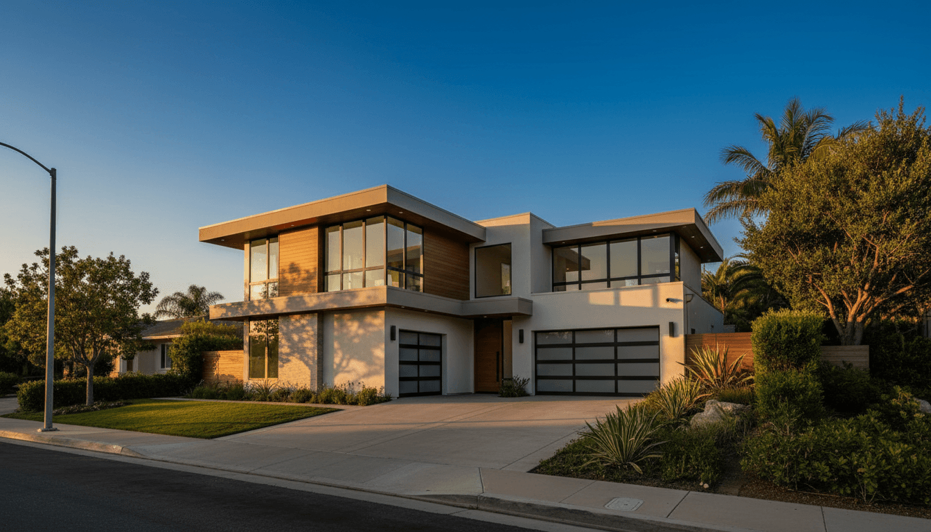 Modern Los Angeles home exterior at golden hour