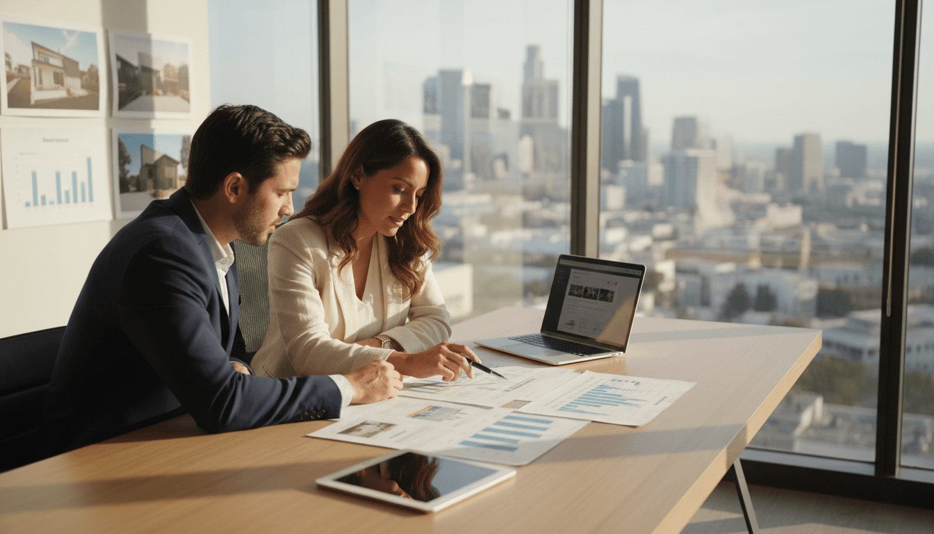Real estate professional reviewing property documents at a modern Los Angeles office desk
