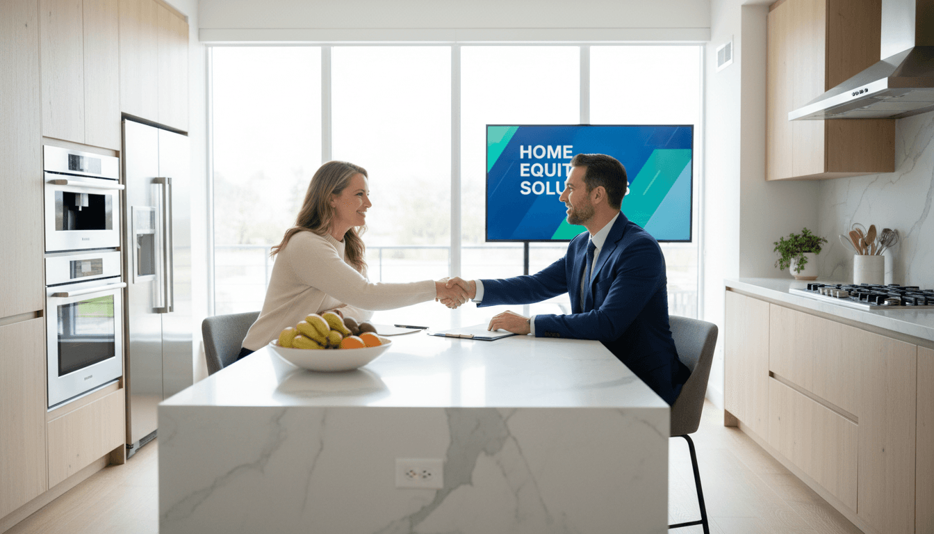 Real estate investor in conversation with homeowner at a sunlit kitchen table