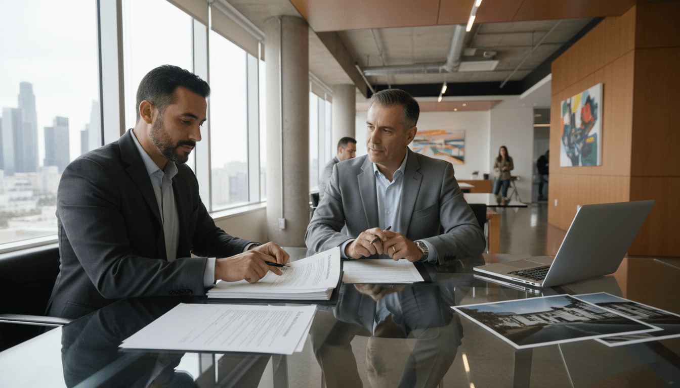 FMP Solution founder reviewing property investment strategy with client in Los Angeles office