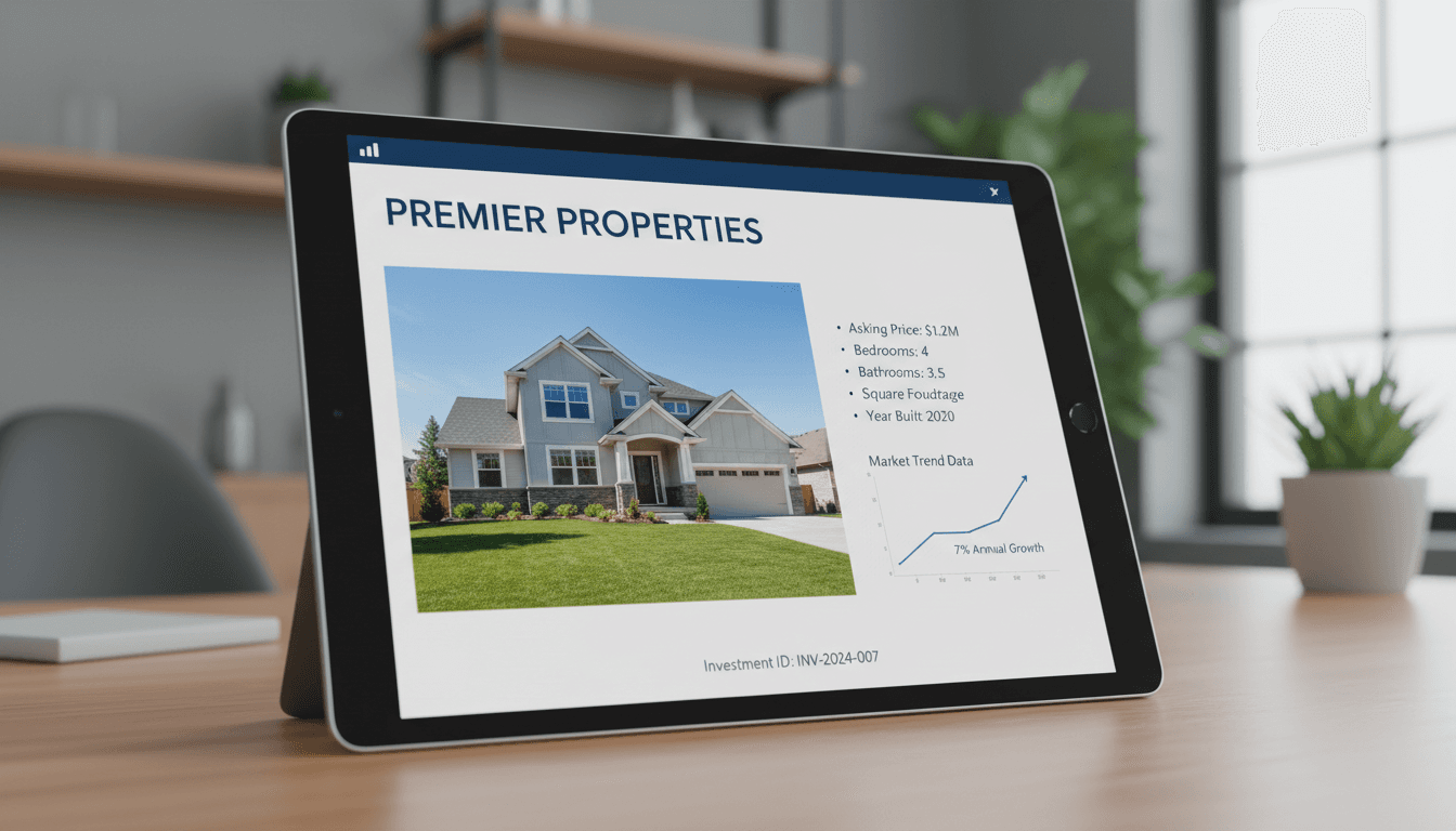 Property investment documents and listing details on a tablet